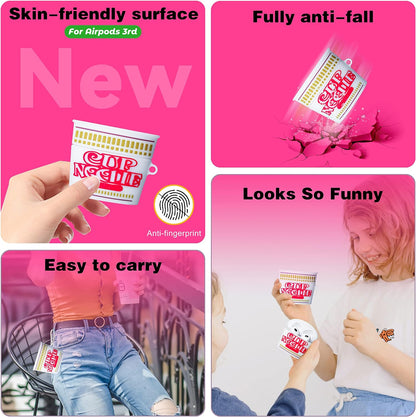 Case for Airpods 3 3Rd Generation Cute Soft Silicone 3D Funny Fun for Air Pod 3 (2021) Cover Unique Fashion Food Design Skin Cartoon Ring Kits Cases for Kids Boys Girls Teen (Cup Noodle)