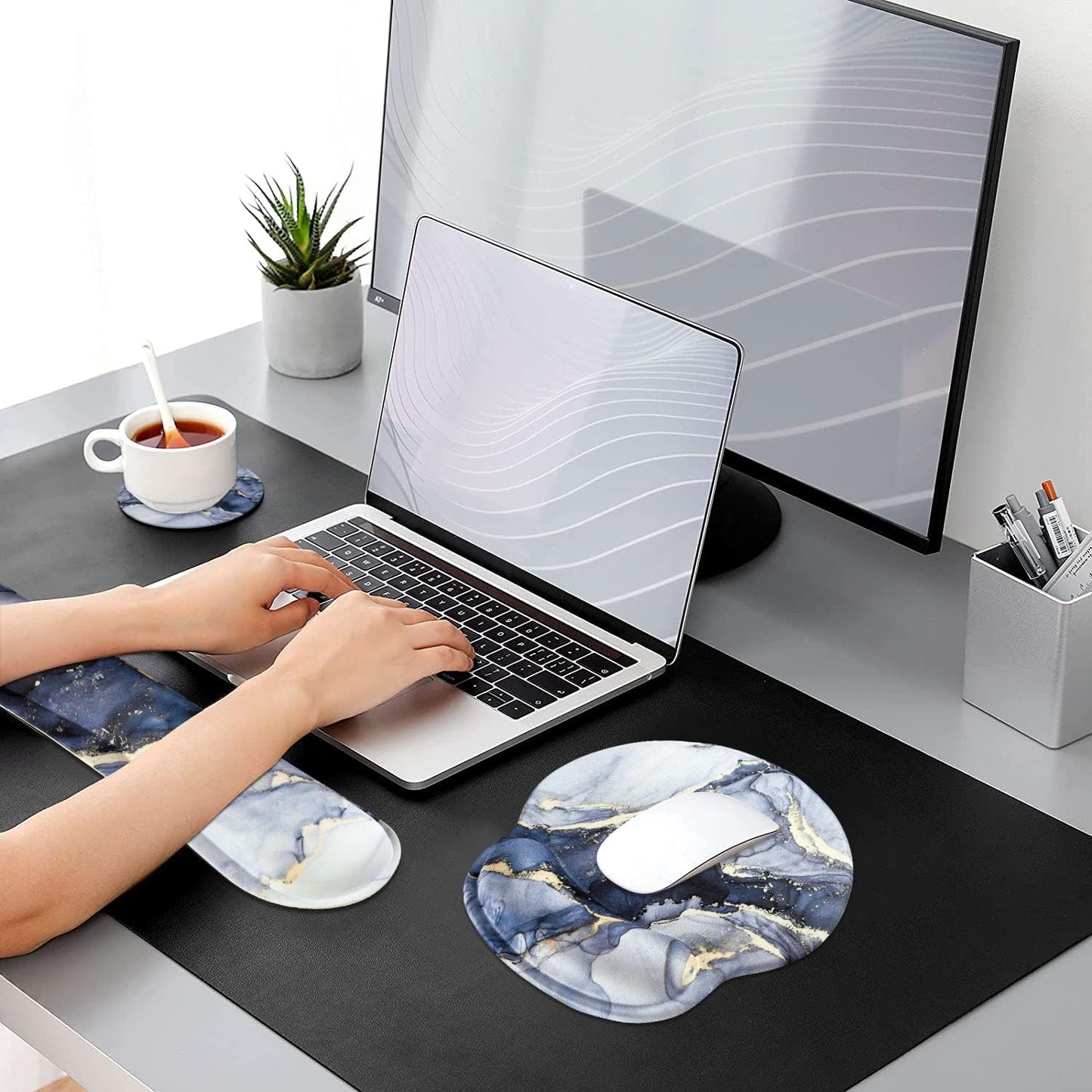 Mouse Pad with Wrist Support Keyboard Wrist Rest Set, Ergonomic Mouse Pad with Non-Slip Base for Computer Home Office + Coasters, Easy Typing & Pain Relief Mouse Mat, Dark Blue Marble